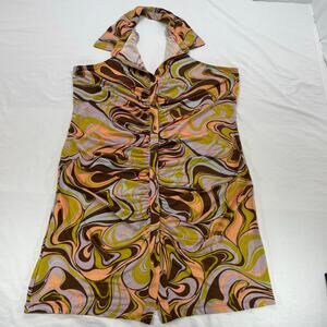 Rue21 Rue+ Psych Swirl Halter Dress Ruched Mini Retro Brown Green Pink 3X Plus